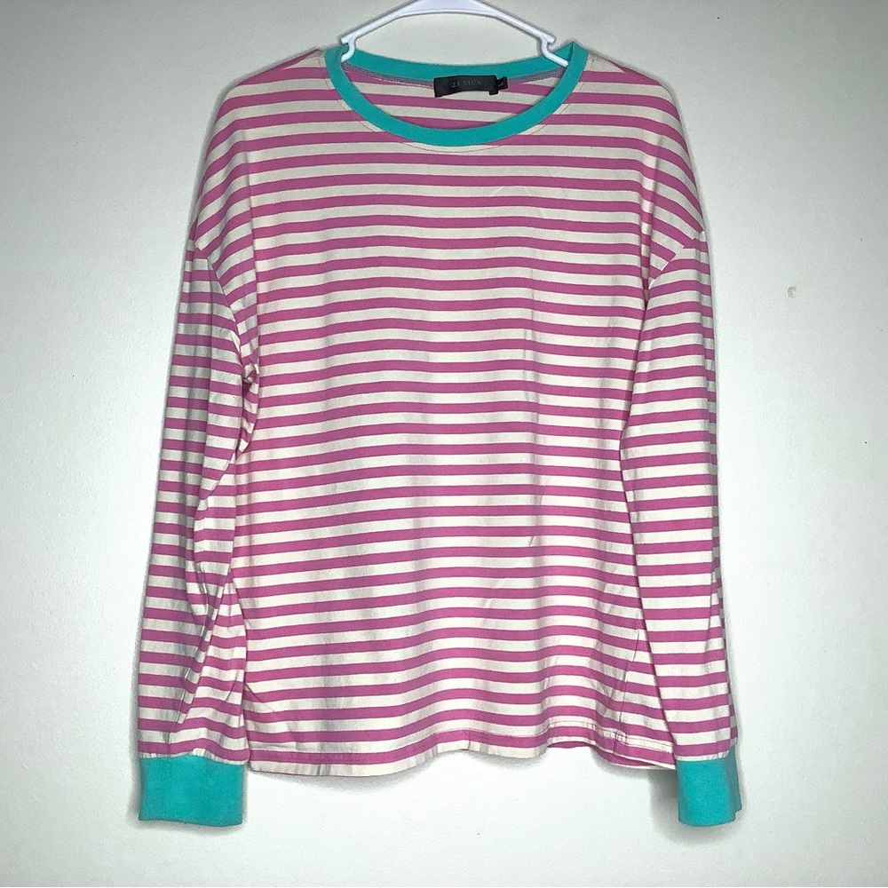 < Zesica Pink Striped Long Sleeve Oversized Tee > - Picture 2 of 6